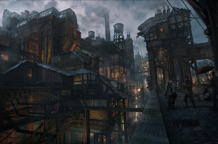 Steampunk city street with old buildings and people
