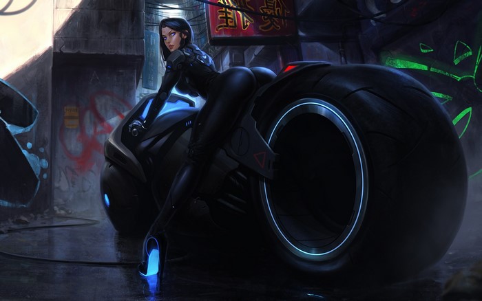 Cyberpunk woman on a futuristic motorcycle