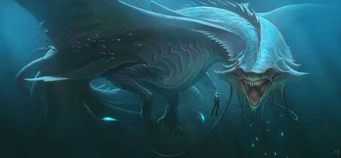 Giant Underwater Sea Monster with Divers