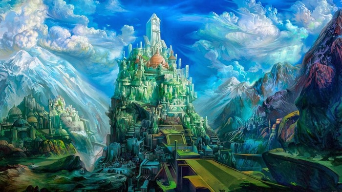 Fantasy art of a grand castle in the mountains