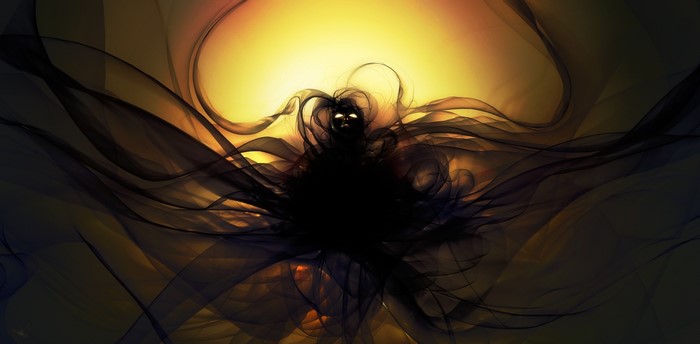 Shadowy figure with glowing eyes in abstract art