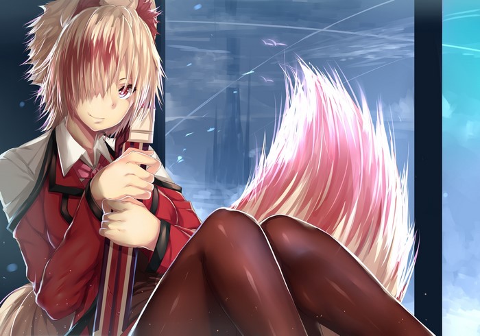 Anime girl with fox ears and tail holding a staff