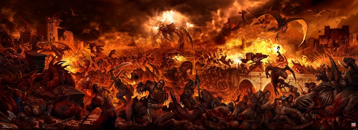 Epic battle in a burning fantasy landscape with dragons