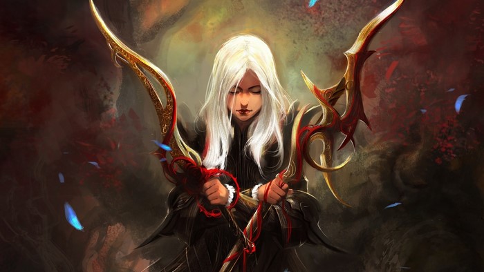 Fantasy warrior with white hair and ornate weapons