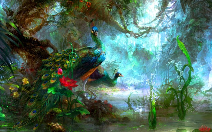 Peacocks in a mystical forest with flowers