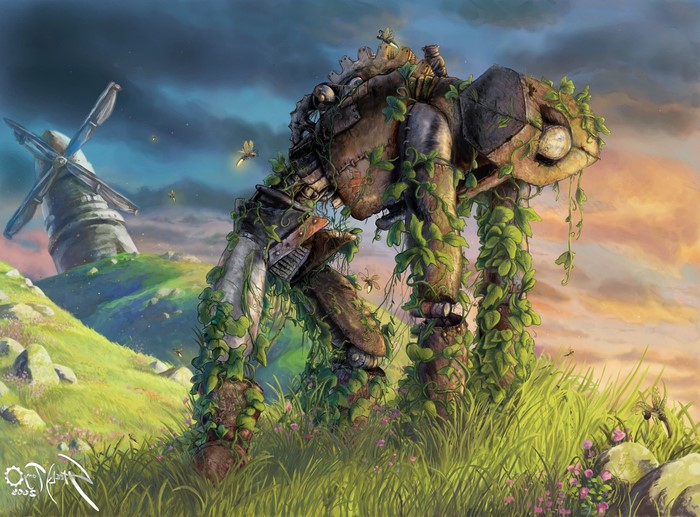 Giant robot covered in vines near a windmill