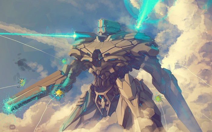 Giant futuristic robot firing lasers in the sky