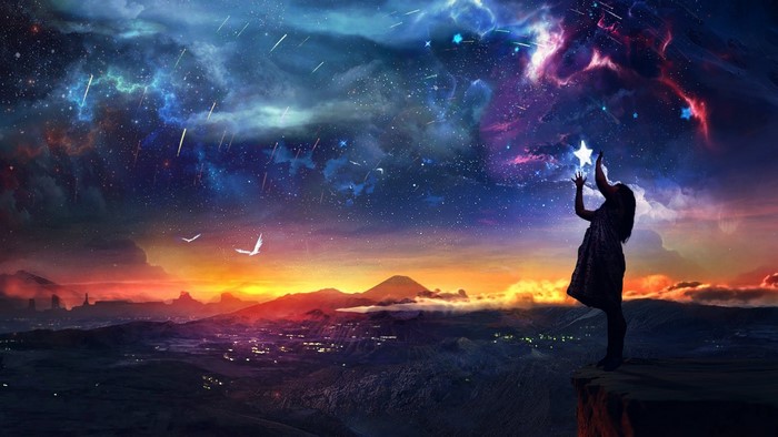 Fantasy art of a girl reaching for a star in a cosmic sky