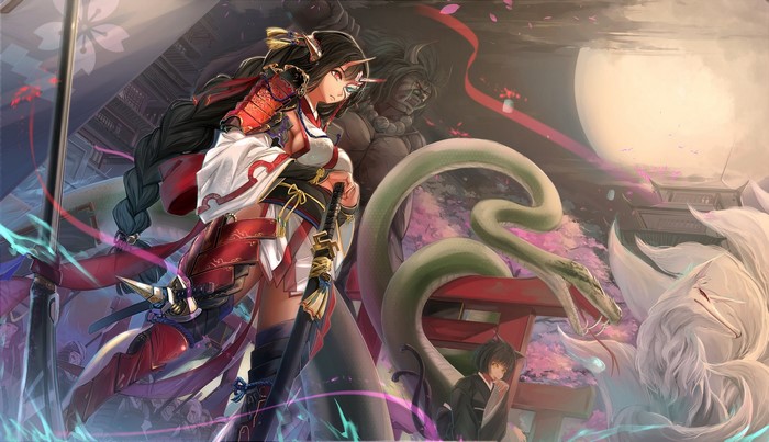 Anime girl samurai with snake and fox spirits