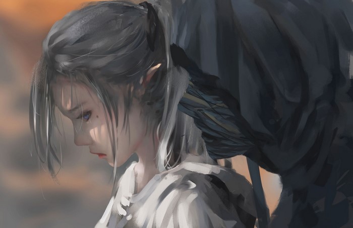 Girl with dark wings in fantasy art