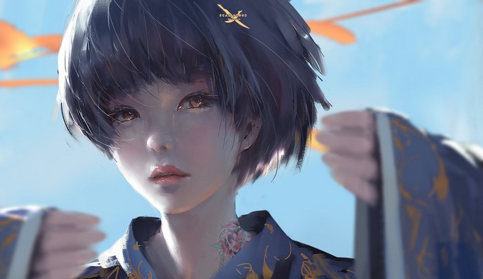 Anime girl with short dark hair and a tattoo