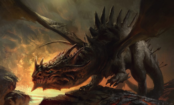 A wounded dragon in a fiery landscape