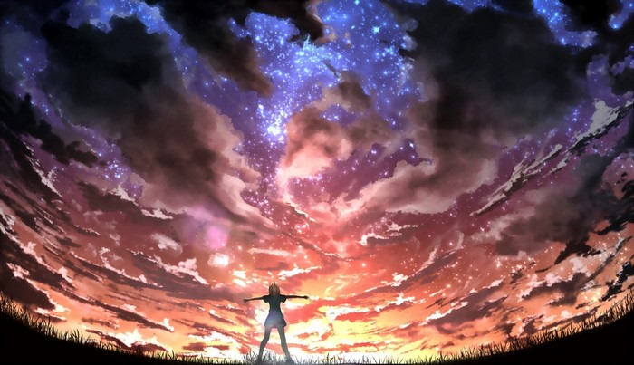 Anime girl with arms outstretched under a starry sky