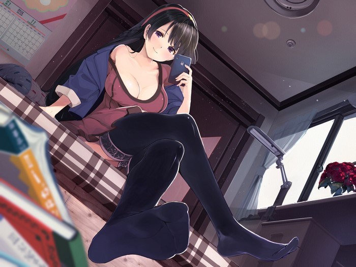 Anime girl with cleavage in bedroom with phone