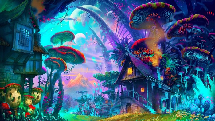 Psychedelic fantasy landscape with mushroom houses and planets