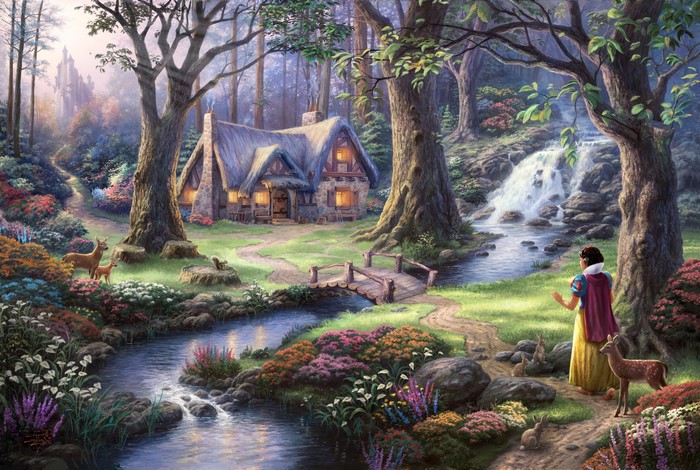 Snow White in a forest with a cottage and waterfall