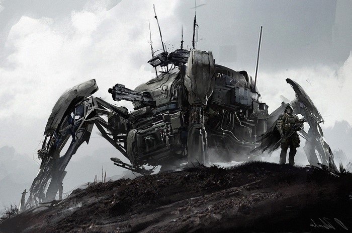 Concept art of a war mech and soldier