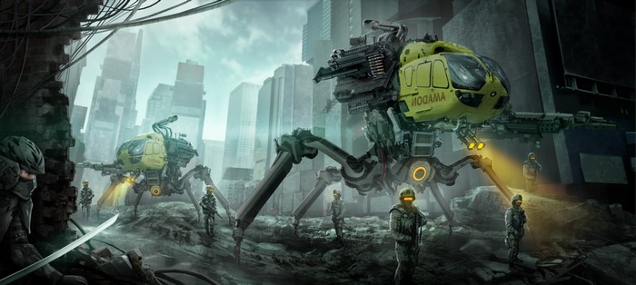 Futuristic spider-like robots in a ruined city with soldiers
