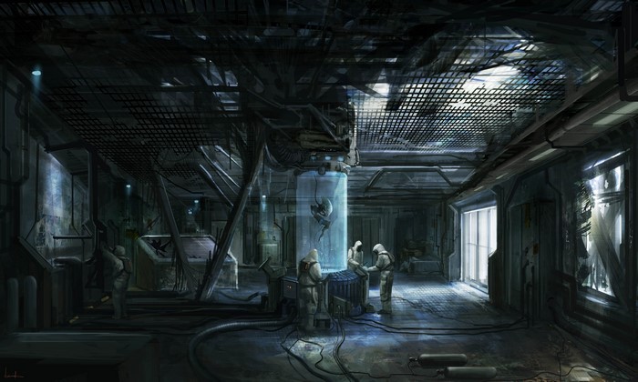 Scientists examine alien specimen in futuristic laboratory