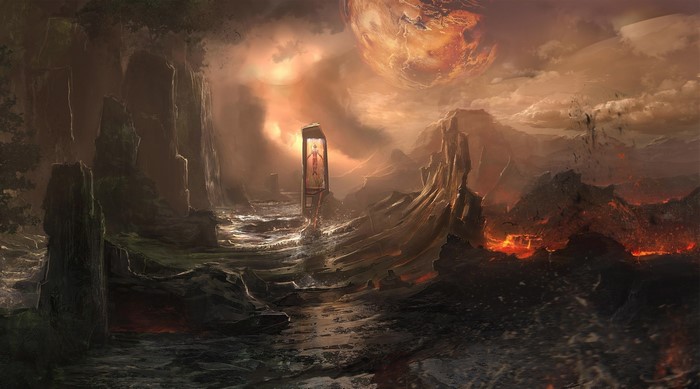 Fantasy landscape with alien planet and monolith