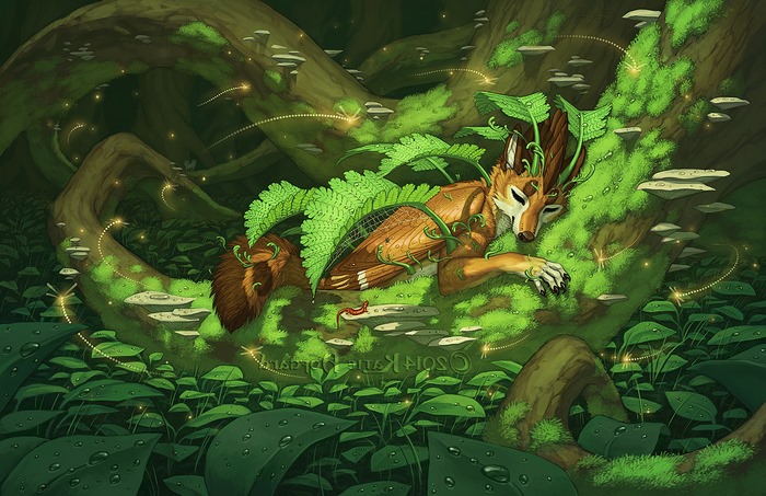 Fantasy fox creature sleeping in a mossy forest