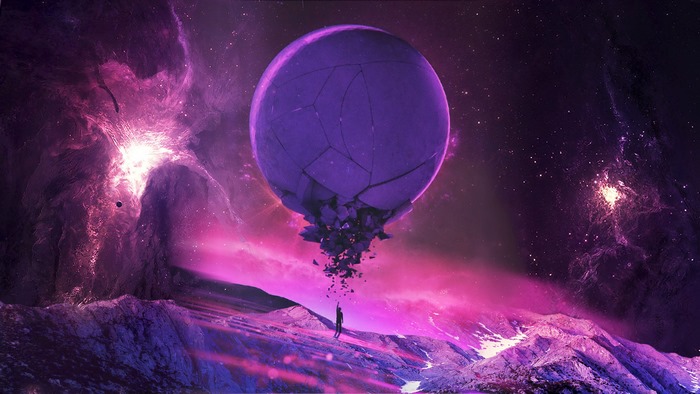 Purple planet shattering in space with a person reaching