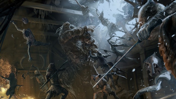 Fantasy art of a battle with a giant and undead creatures