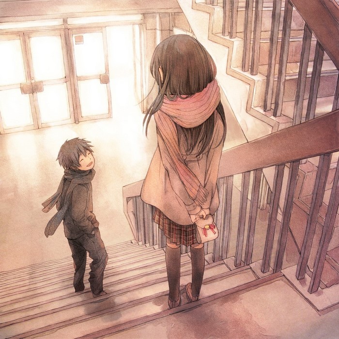 Anime boy and girl on stairs with gift