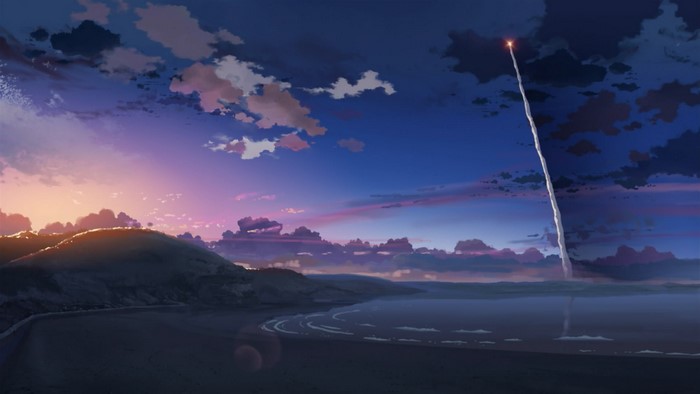 Anime nature sunset with rocket launch