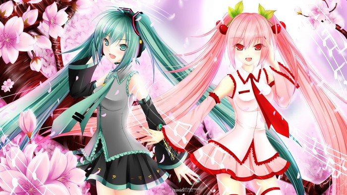 Hatsune Miku and Sakura Miku with Cherry Blossoms