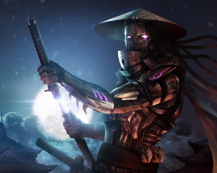 Cyberpunk samurai with glowing katana under the moon