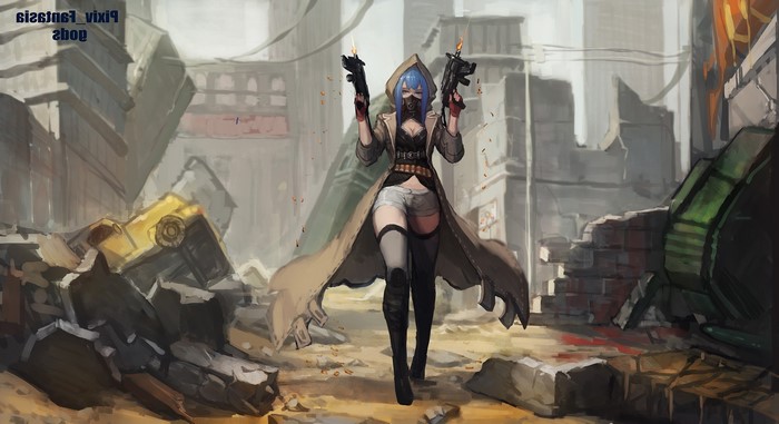 Anime girl with blue hair and guns in a ruined city