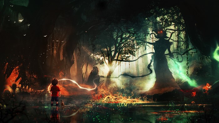 Fantasy art of a boy and a tree monster in a magical forest