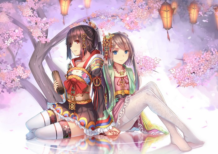 Two anime girls in Japanese clothes under cherry blossoms
