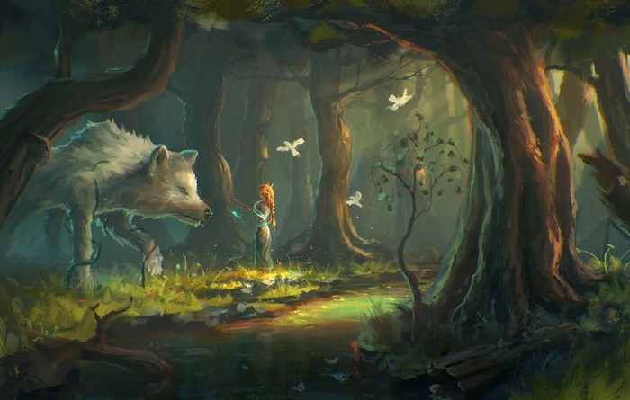 Mystical Encounter Between Woman and Wolf in Enchanted Forest