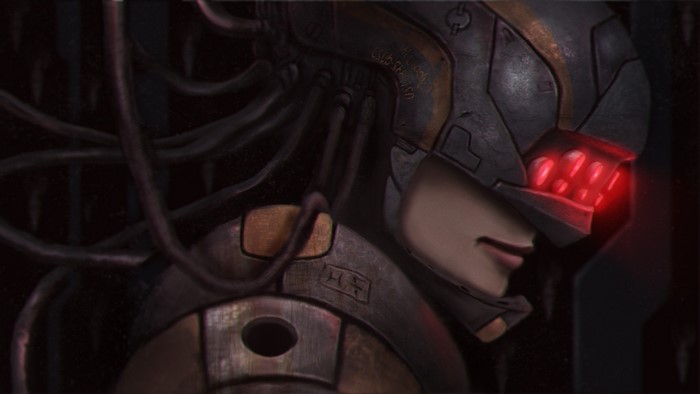 Cyborg woman with glowing red eyes and helmet