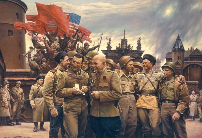 US and Soviet soldiers celebrating during World War II