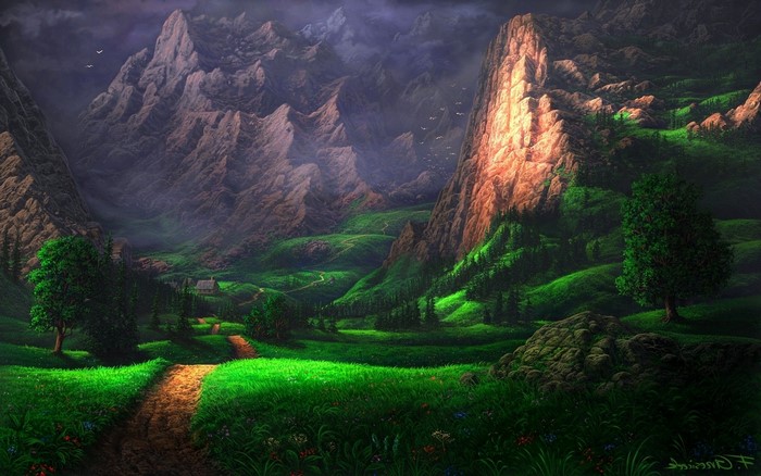 Digital art of a mountain valley with a path and a house