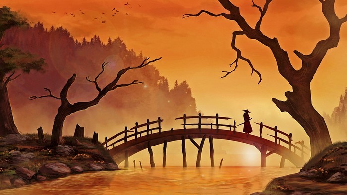 Samurai on a bridge at sunset with trees and birds