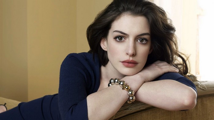 Anne Hathaway in a blue dress