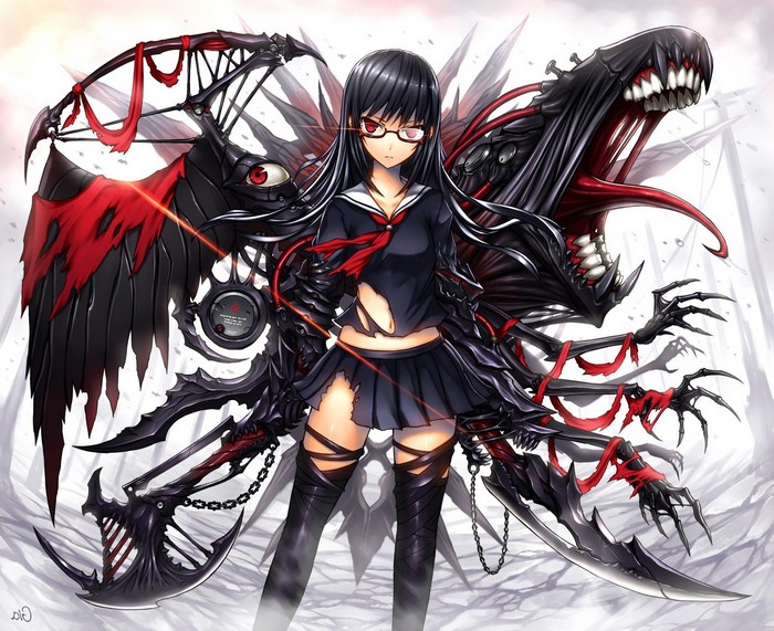 Anime girl with demonic wings and weapons