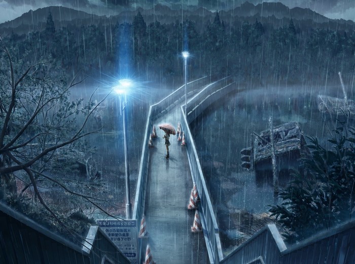 Girl with umbrella on a bridge in heavy rain