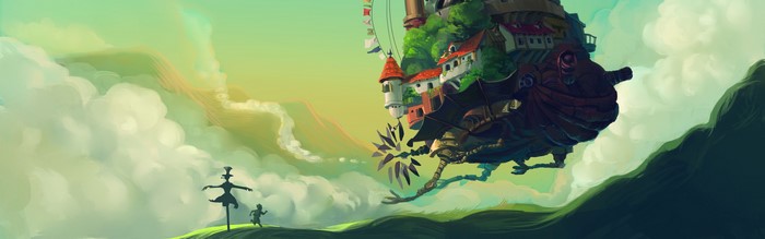 Howl's Moving Castle flying over a landscape