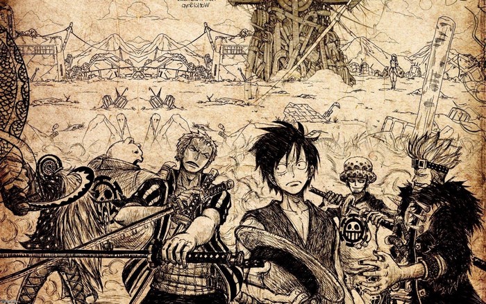 One Piece characters Monkey D. Luffy, Roronoa Zoro, and Trafalgar Law in battle