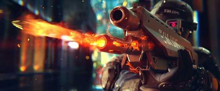Cyberpunk 2077 police officer firing a futuristic gun