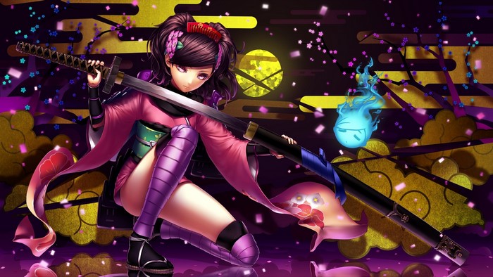 Anime girl with katana and blue spirit