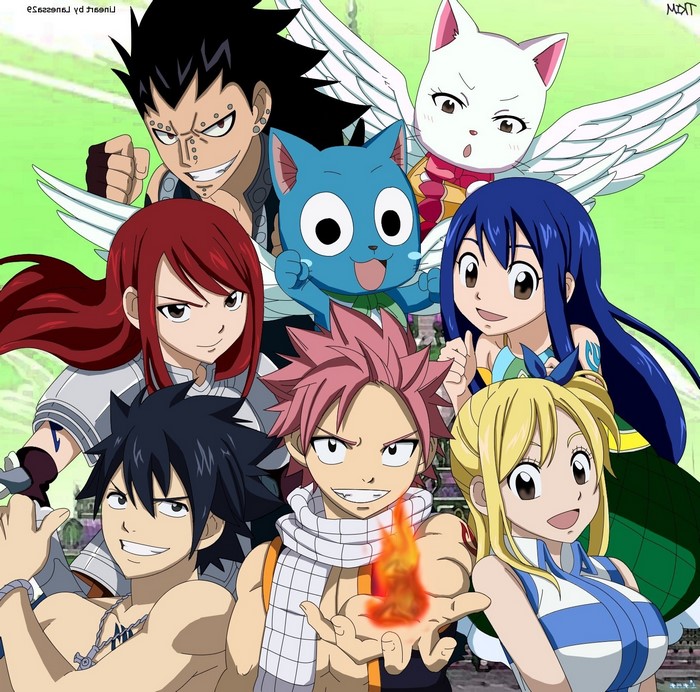 Fairy Tail characters Natsu, Lucy, Gray, Erza, Wendy, Gajeel, Carla, and Happy