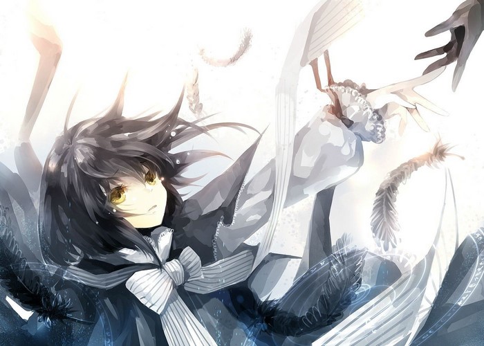Anime girl with dark hair and yellow eyes, feathers falling