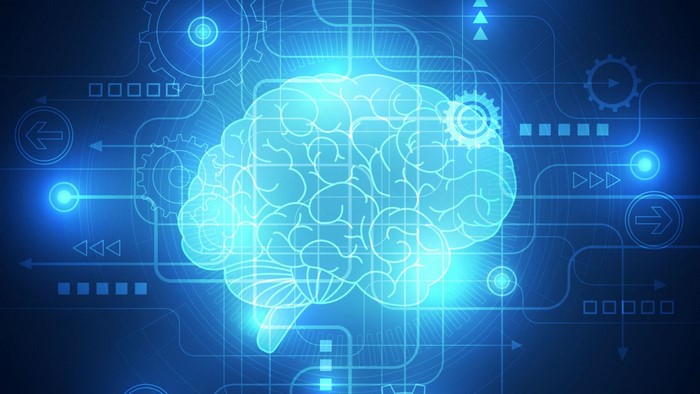 Digital art of a glowing brain with technology elements