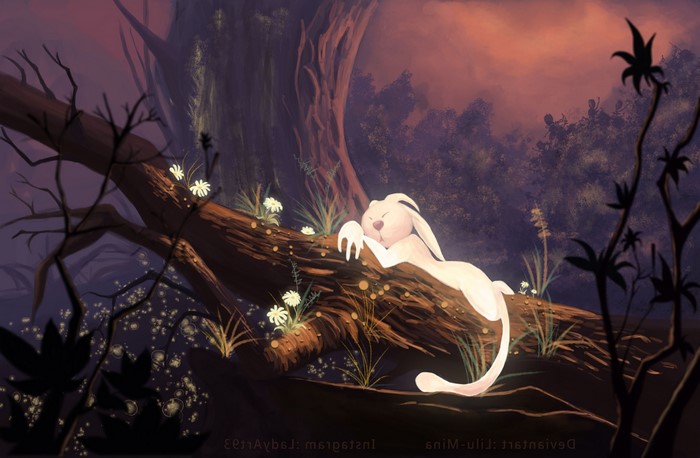 Ori from Ori and the Blind Forest sleeping on a log